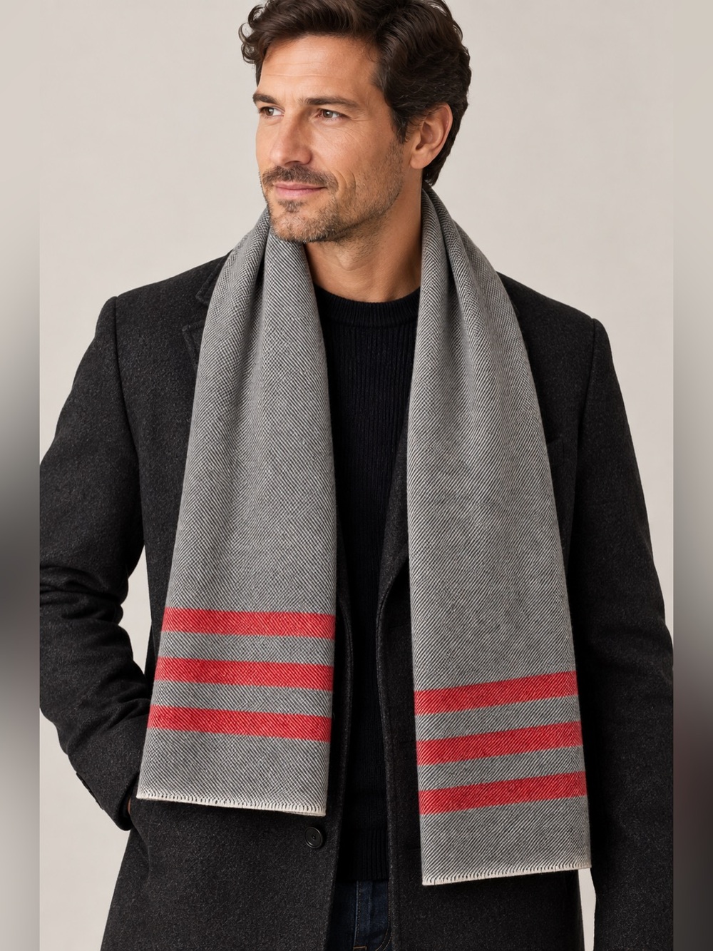 Faribault Woolen Mill Co. 100% Virgin Wool Gray Red Stripe Scarf Made USA Unisex